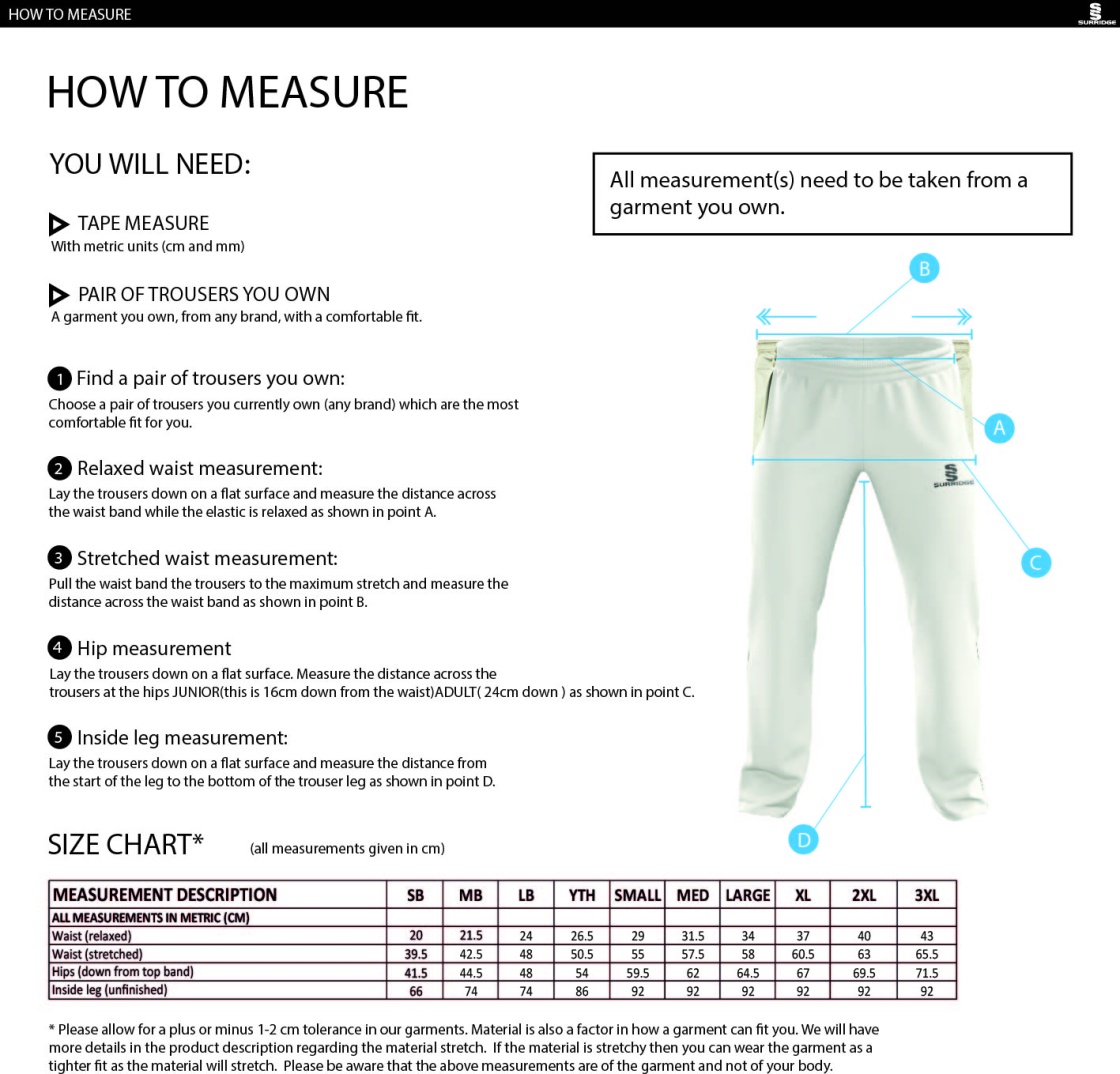 Ribblesdale Wanderers CC - Standard Playing Pant - Size Guide