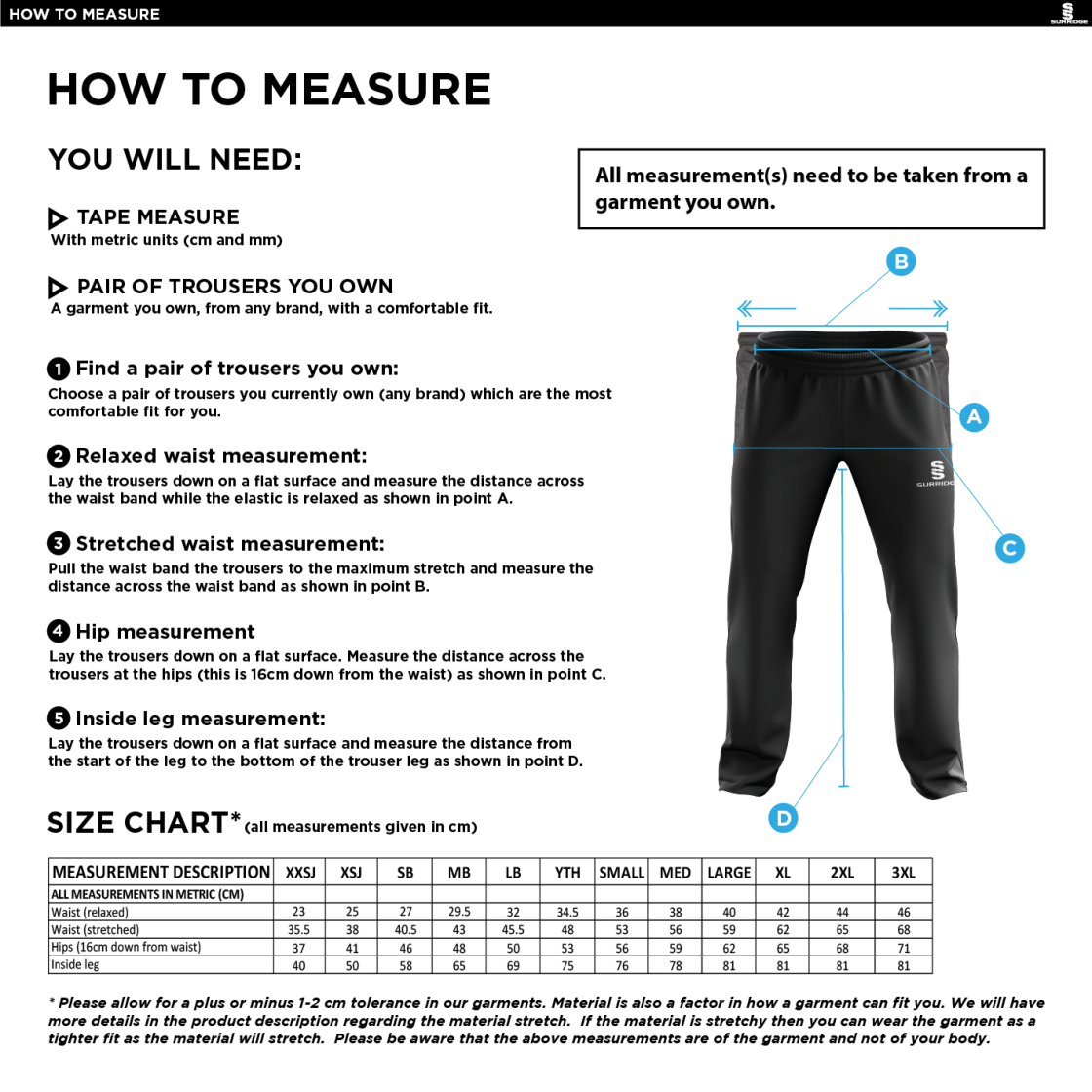 Ribblesdale Wanderers CC - Classic Tracksuit Pant With Thigh Length Zip - Size Guide