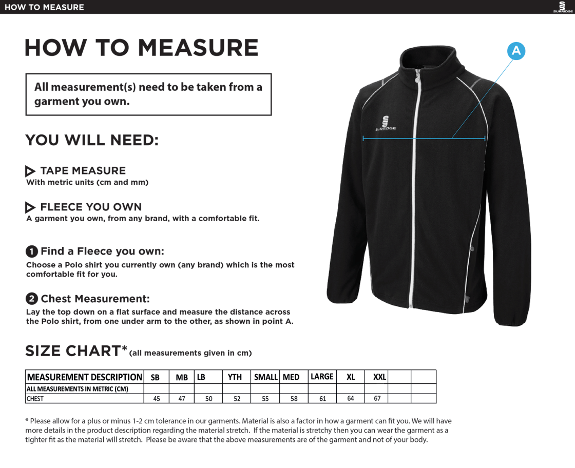 Ribblesdale Wanderers CC - Curve Fleece Jacket - Size Guide