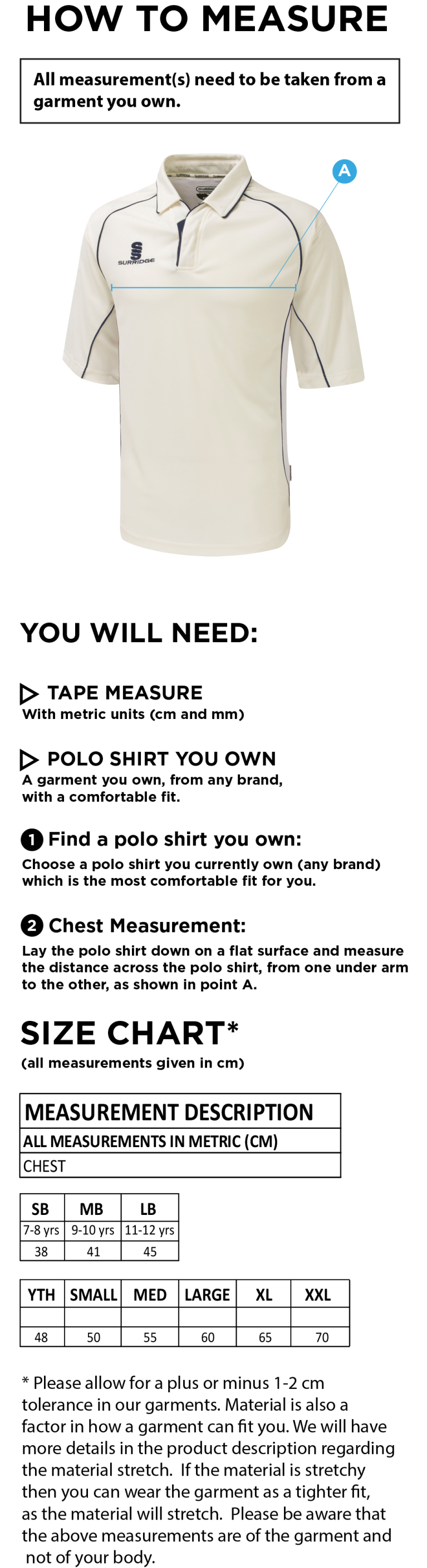 Ribblesdale Wanderers CC - Premier 3/4 Cricket Shirt - Size Guide