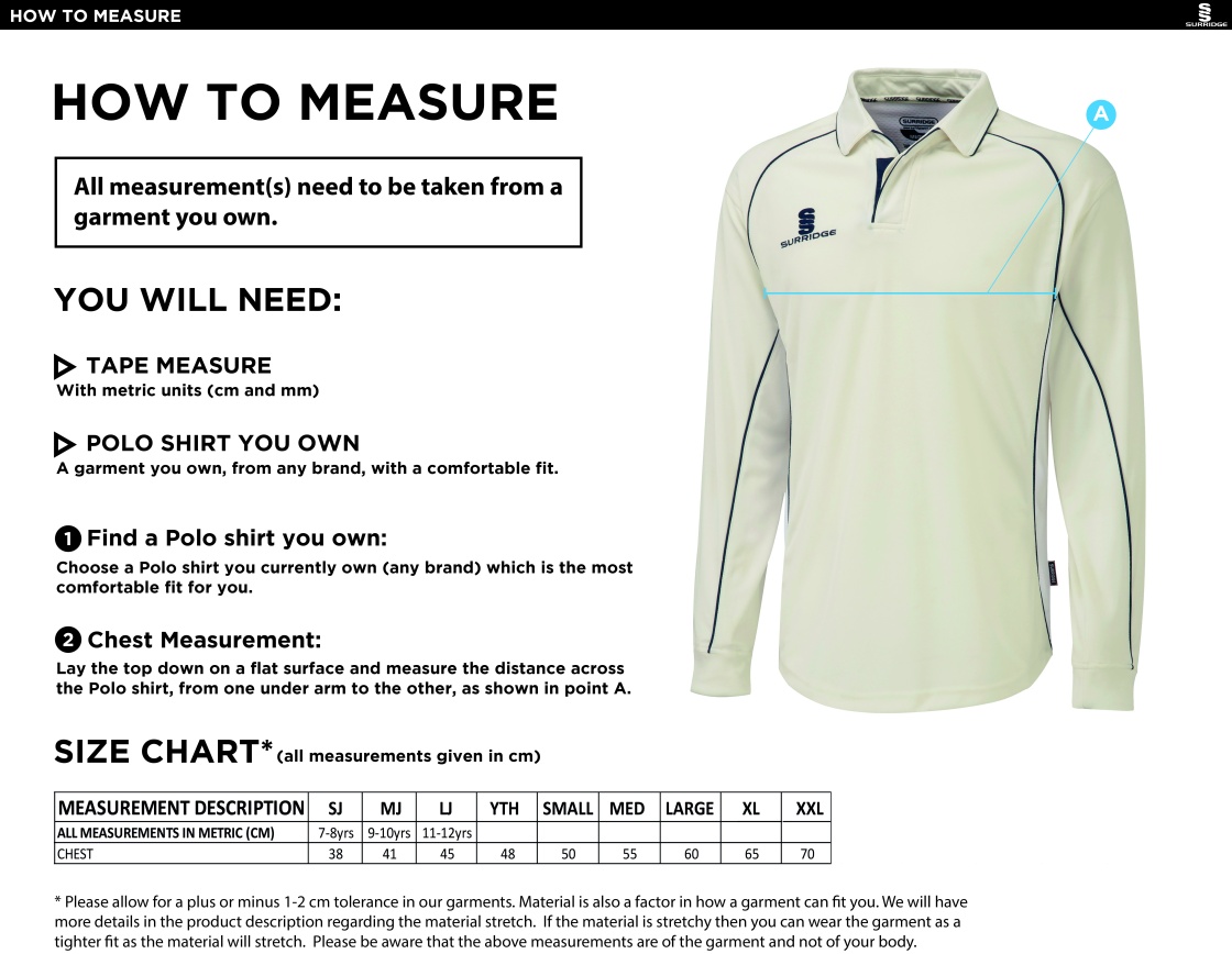 Ribblesdale Wanderers CC - Premier L/S Cricket Shirt - Size Guide