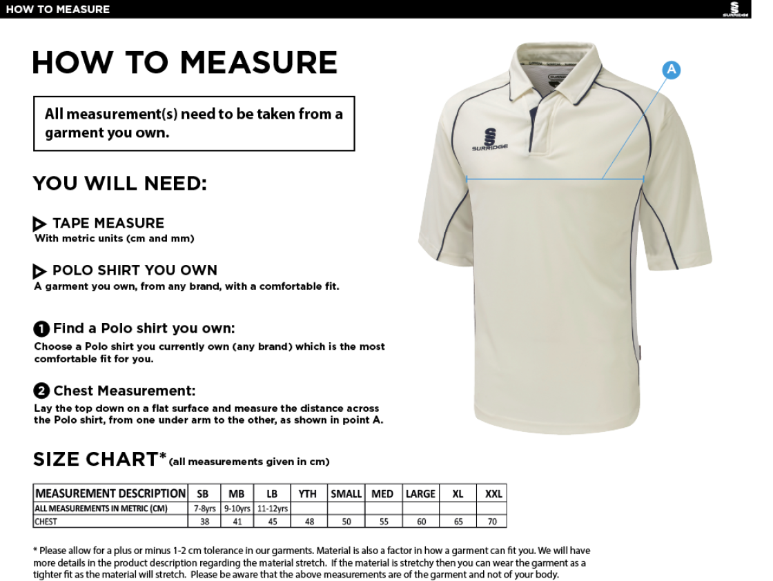 Ribblesdale Wanderers CC - Premier 3/4 Cricket Shirt - Size Guide