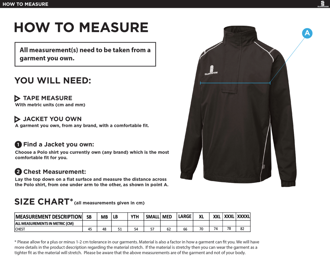 Ribblesdale Wanderers CC - Curve 1/4 Zip Rain Jacket - Size Guide