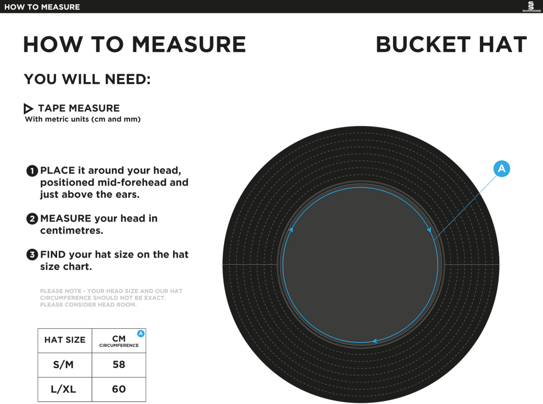 RIBBLESDALE WANDERERS CC Dual Bucket Hat - Black - Size Guide